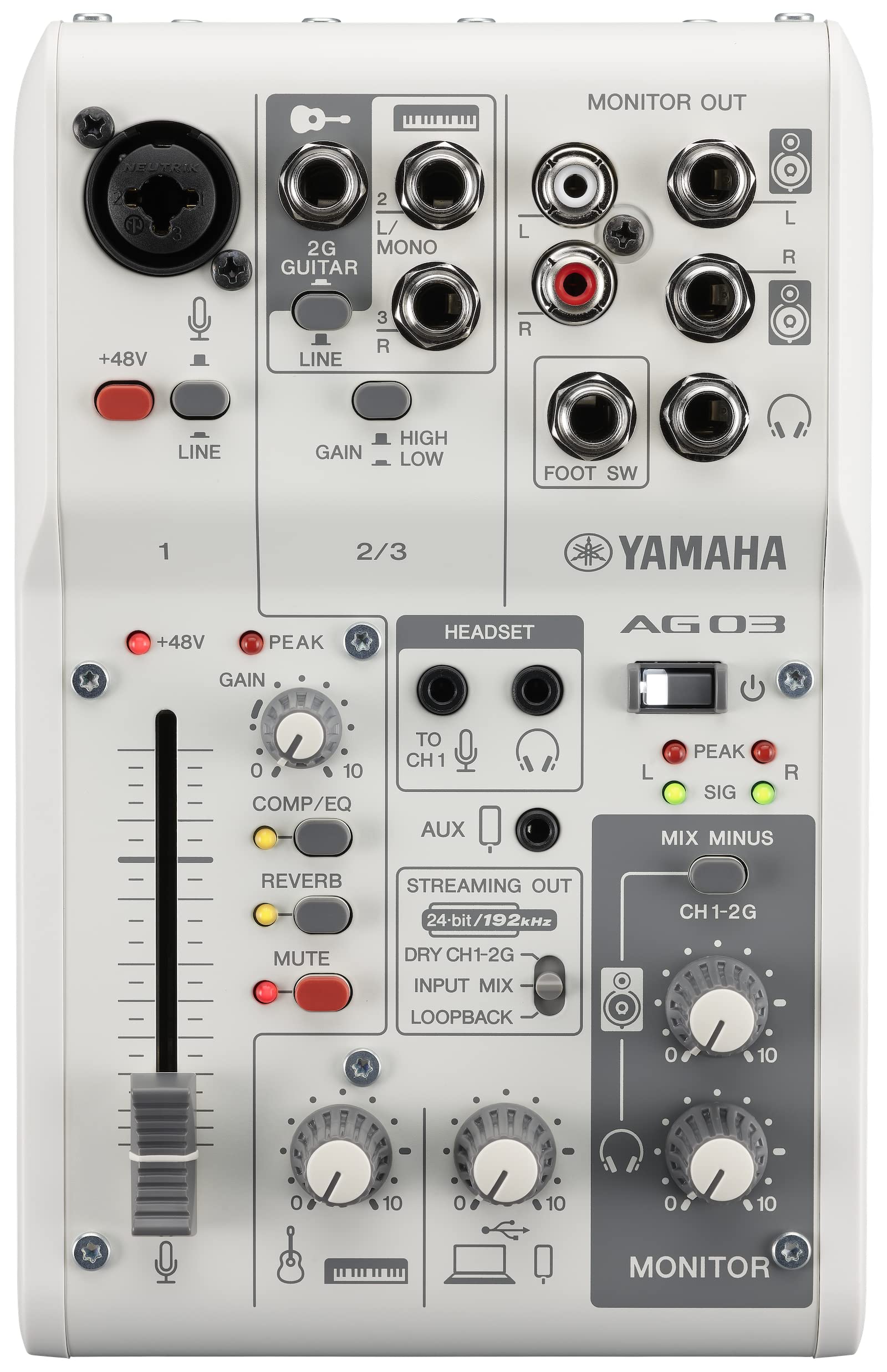 Yamaha AG03MK2 White 6-Channel Live Streaming Loopback Mixer/USB Inter