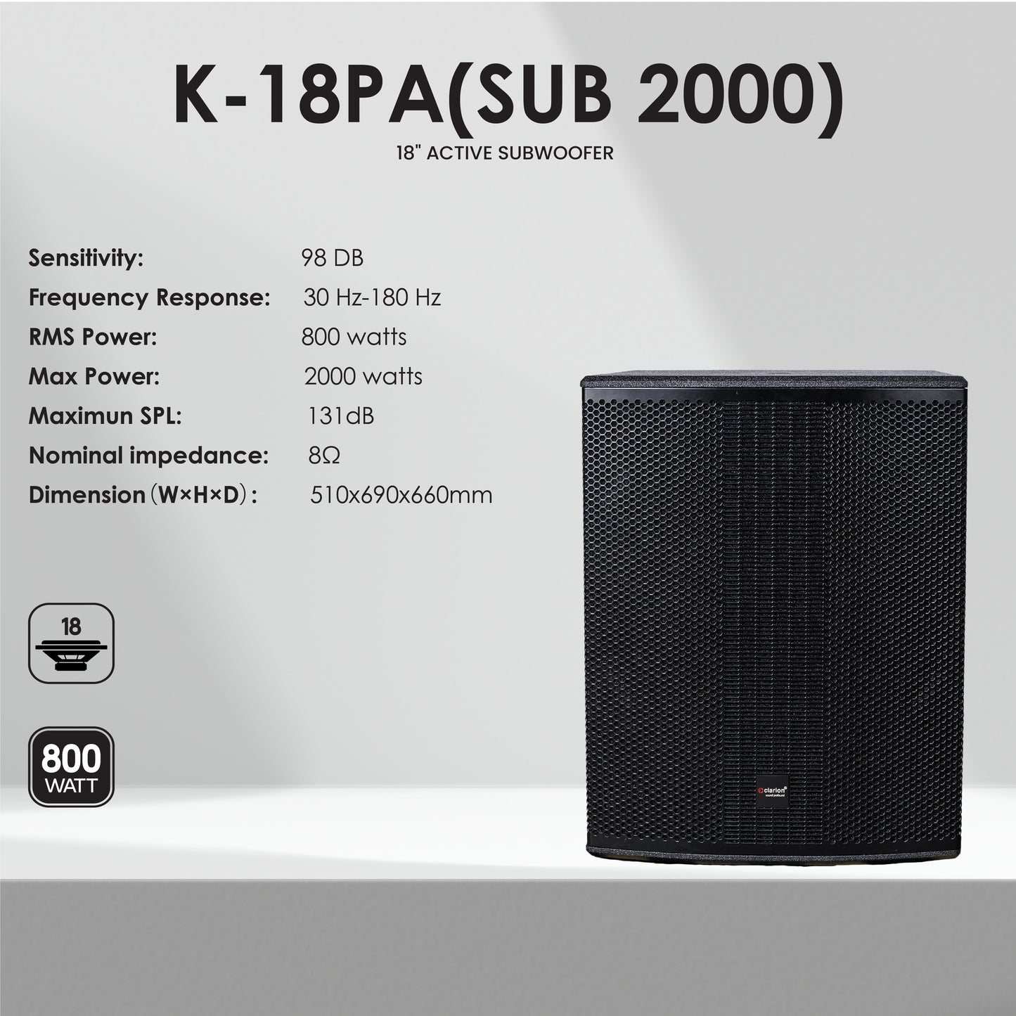 CLARION  JM-K-18PA (SUB 2000)  18 Inch Active Subwoofer with Built-In Class D Amplifier with DSP