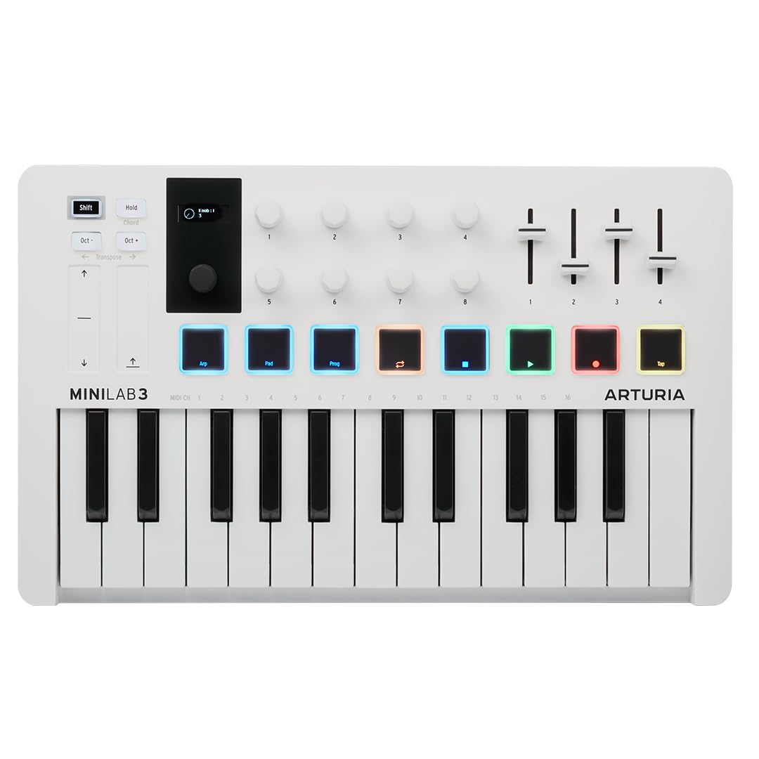 Arturia MiniLab 3, 25 Slim-Key USB-C Midi Controller with 5-Year Warranty, 8 Backlit LED Pads, 8 Knobs, 4 Faders, Midi Out, Built-in Arpeggiator, Chord mode and Music Production Software Bundle