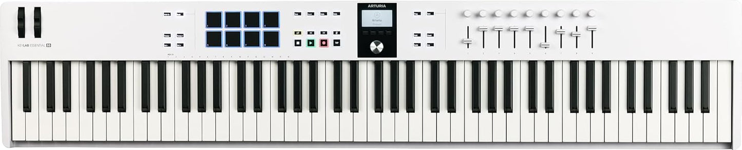 Arturia KeyLab Essential 88 mk3 with 88 Velocity-Sensitive keys, 9 Encoders, 9 Sliders, 8 RGB Pads - USB-C, Midi Out, LCD Screen, Bundled Software and DAW Integration - White