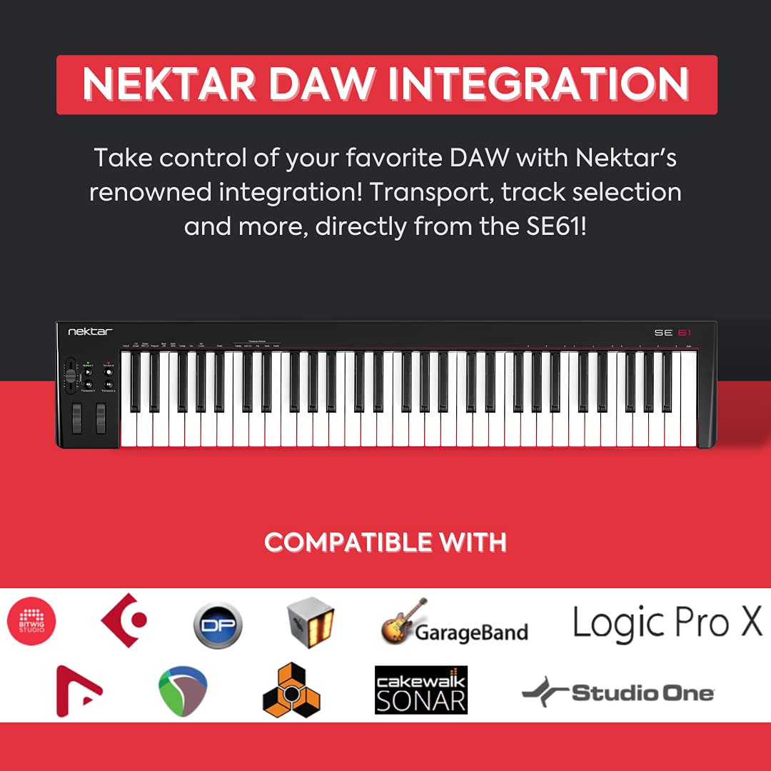 Nektar SE61 61-Key Full-Size Velocity-Sensitive USB Midi Keyboard Controller with Nektar DAW Integration and Free Professional Recording Software