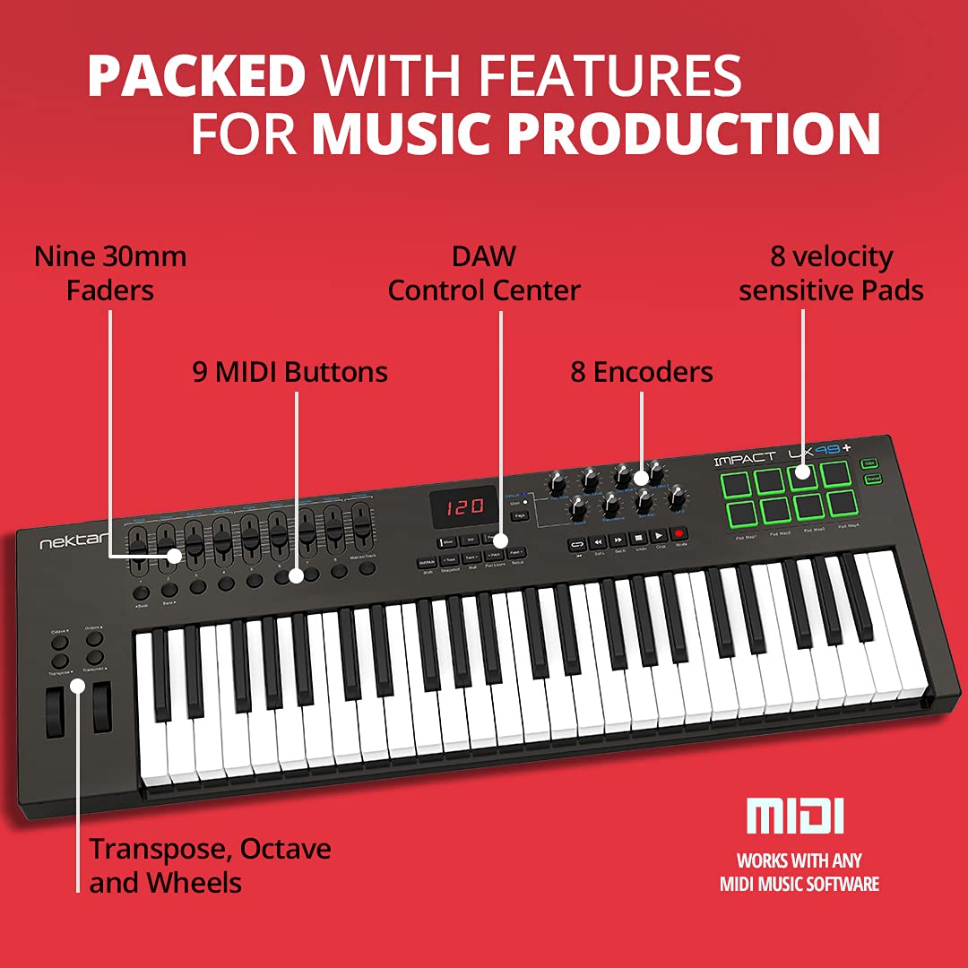 Nektar Impact LX49+ 49-Key Full-Size Velocity-Sensitive USB Midi keyboard Controller with 8 Velocity-Sensitive LED Pads, Nektar Deep DAW Integration and Free Professional Recording Software Bundle