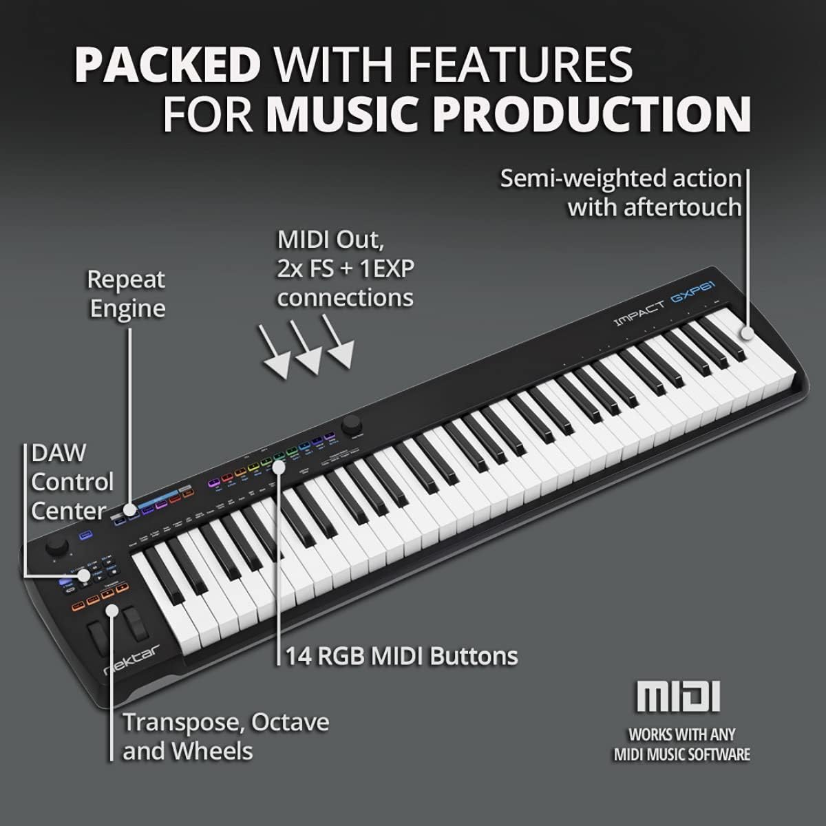 Nektar Impact GXP61 - USB MIDI Controller Keyboard with Nektar DAW Integration Black & M-Audio SP-2 - Universal Sustain Pedal with Piano Style Action For MIDI Keyboards, Digital Pianos & More