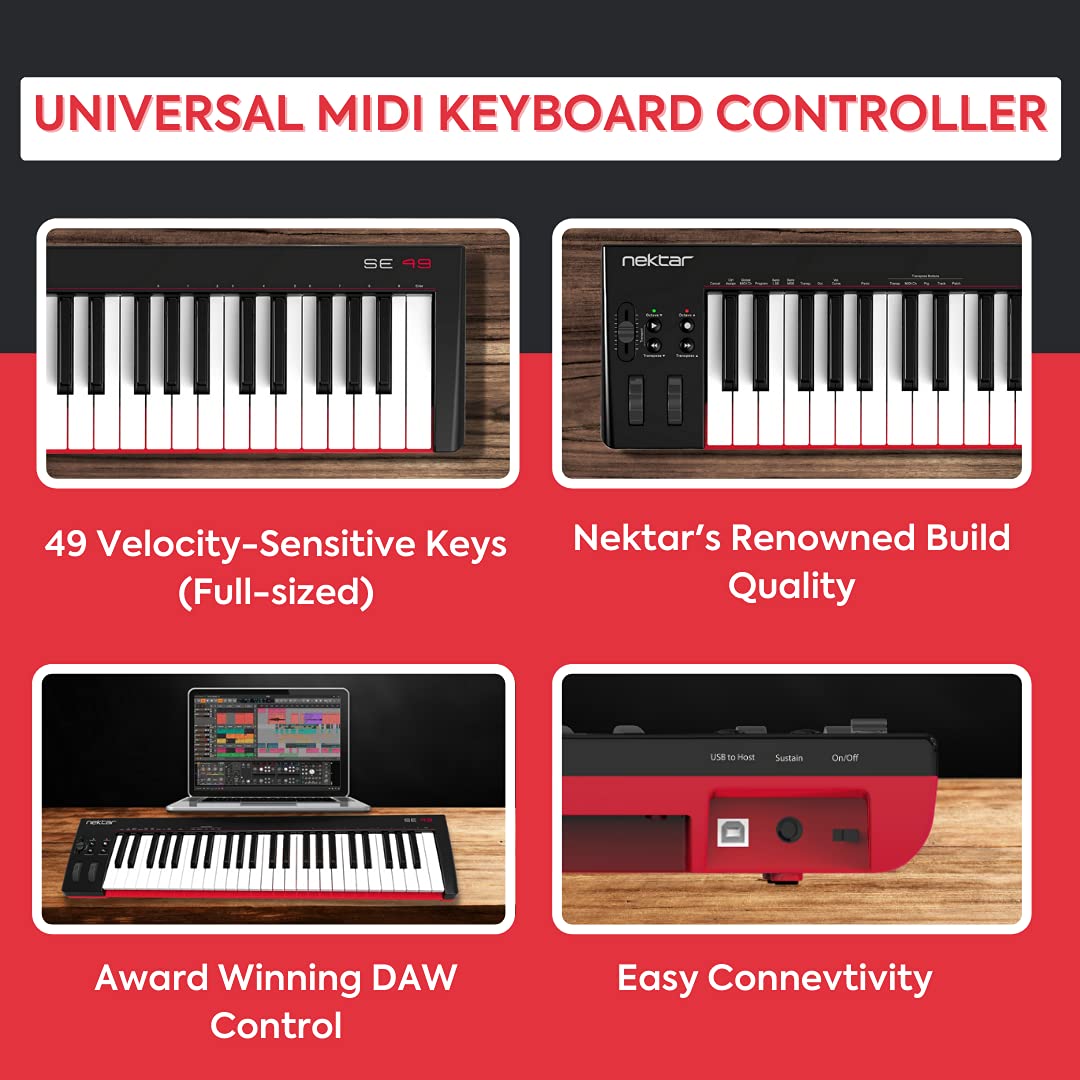 Nektar SE49 49-Key Full-Size Velocity-Sensitive USB Midi Keyboard Controller with Nektar DAW Integration and Free Professional Recording Software