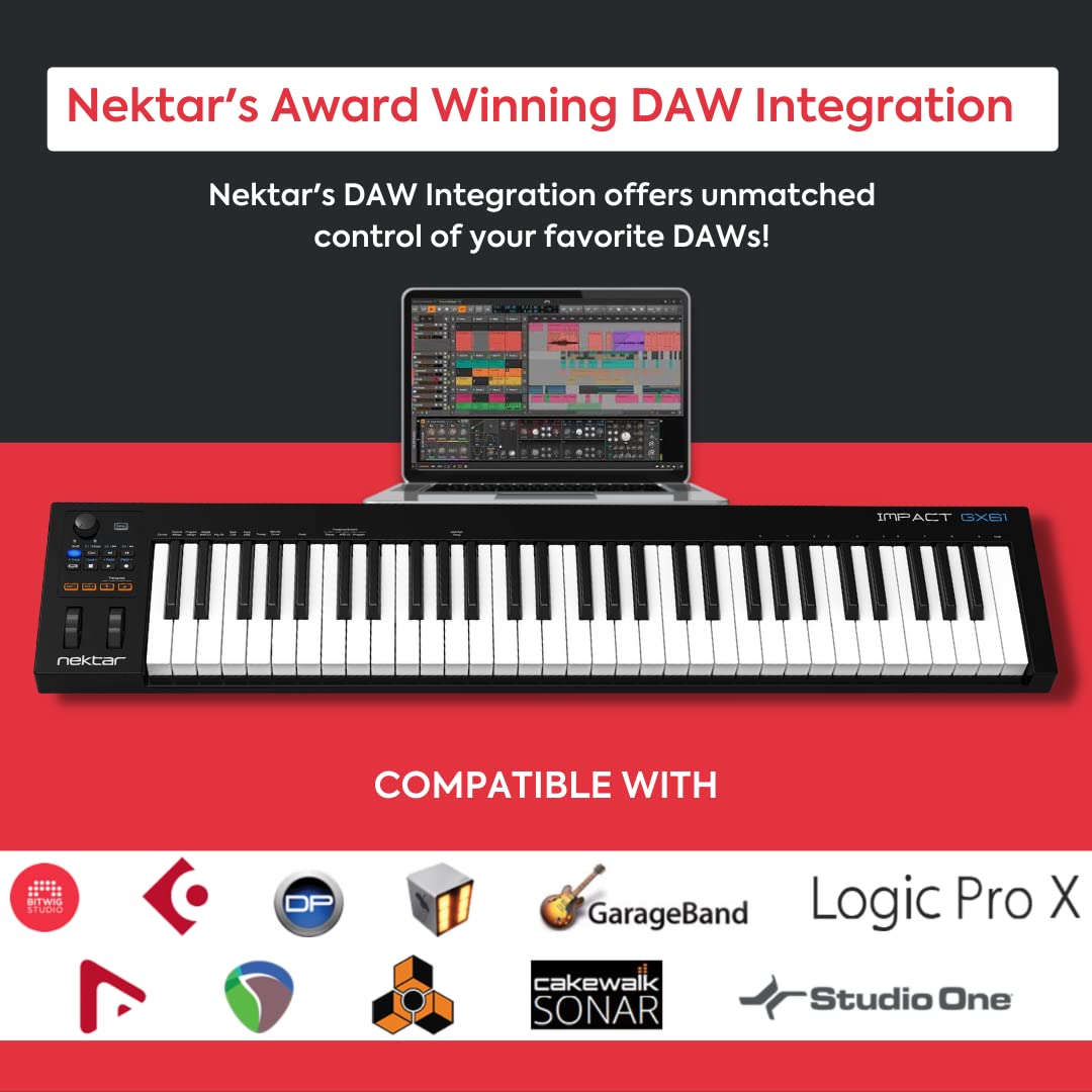 Nektar IMPACT GX61 61-Key Full-Size Velocity-Sensitive USB Midi Keyboard Controller with Nektar DAW Integration and Free Professional Recording Software