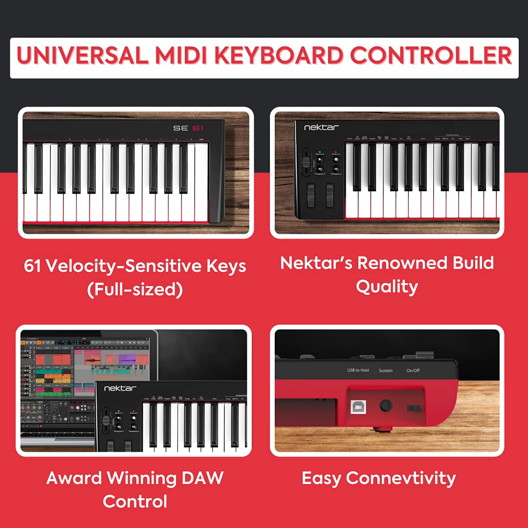 Nektar SE61 61-Key Full-Size Velocity-Sensitive USB Midi Keyboard Controller with Nektar DAW Integration and Free Professional Recording Software