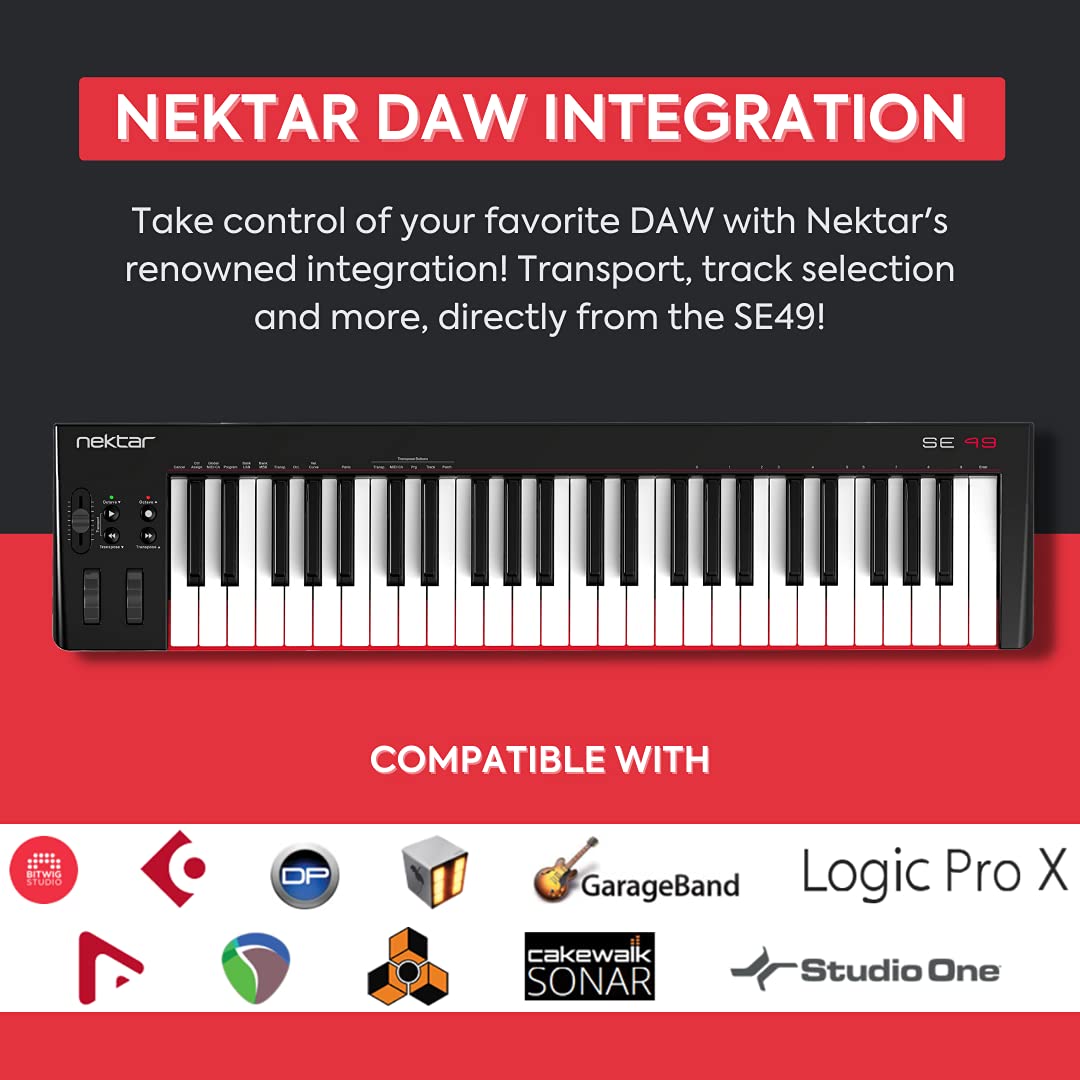 Nektar SE49 49-Key Full-Size Velocity-Sensitive USB Midi Keyboard Controller with Nektar DAW Integration and Free Professional Recording Software