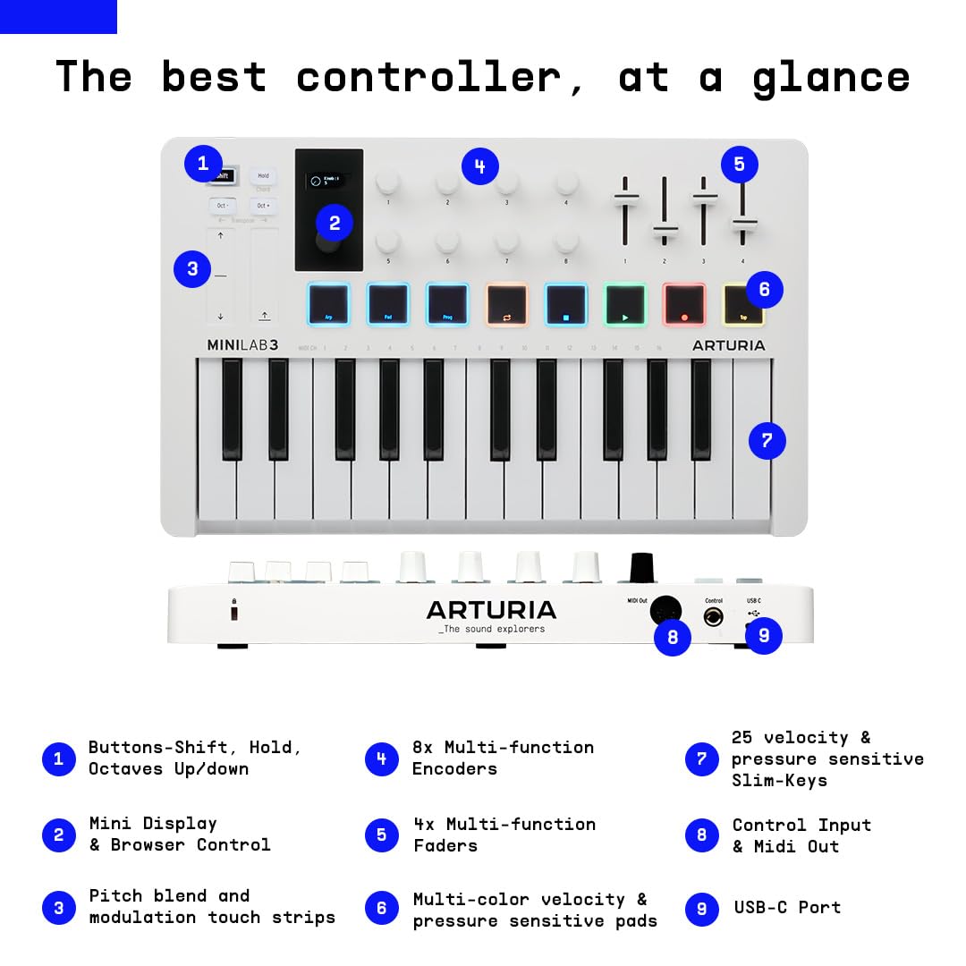 Arturia MiniLab 3, 25 Slim-Key USB-C Midi Controller with 5-Year Warranty, 8 Backlit LED Pads, 8 Knobs, 4 Faders, Midi Out, Built-in Arpeggiator, Chord mode and Music Production Software Bundle