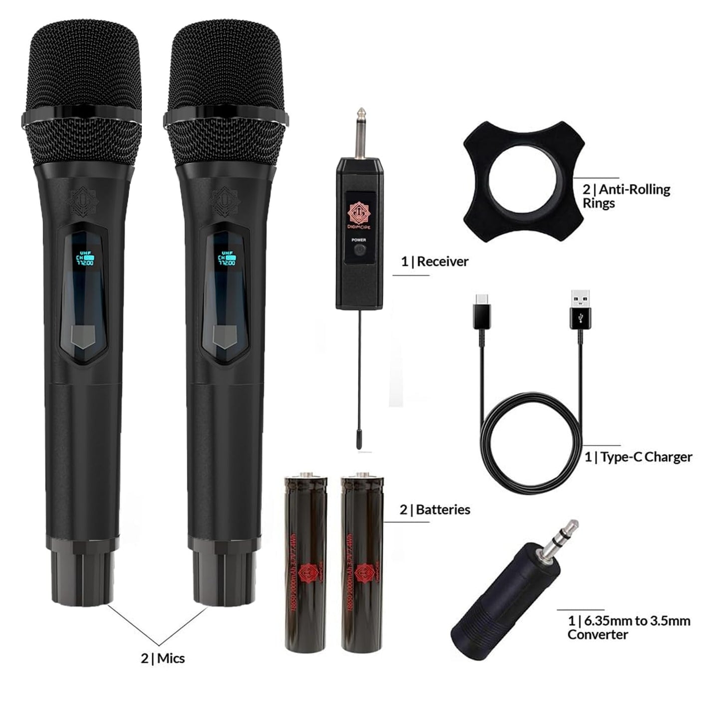 DIGIMORE Dual UHF Wireless Mic | Rechargeable 2000mAh Batteries | 6Hrs Run Time | Cordless Mic System | 6.35mm Jack | 60 Meter Range | Karaoke Singing, Speaker, Amplifier (D-350 Black)