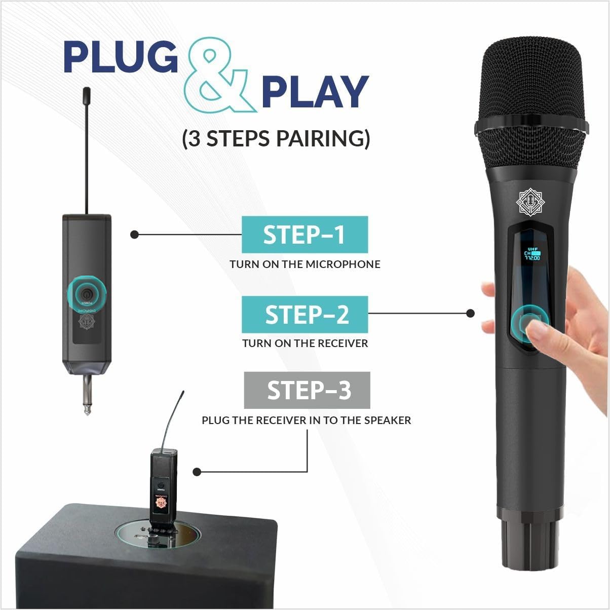 DIGIMORE Dual UHF Wireless Mic | Rechargeable 2000mAh Batteries | 6Hrs Run Time | Cordless Mic System | 6.35mm Jack | 60 Meter Range | Karaoke Singing, Speaker, Amplifier (D-350 Black)