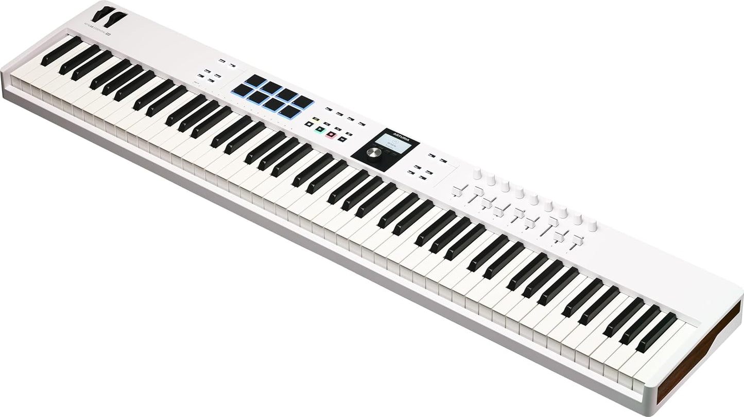 Arturia KeyLab Essential 88 mk3 with 88 Velocity-Sensitive keys, 9 Encoders, 9 Sliders, 8 RGB Pads - USB-C, Midi Out, LCD Screen, Bundled Software and DAW Integration - White