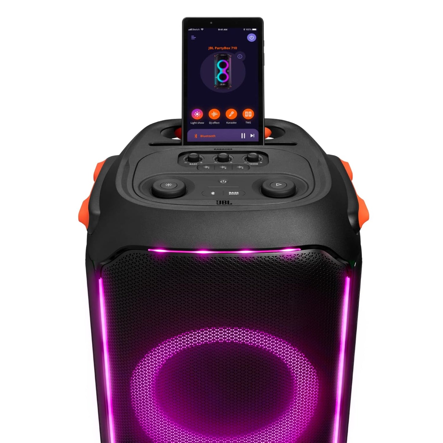 JBL PartyBox 710 Bluetooth Party Speaker with Dynamic Music Synced Flashing Club Pattern Lightshow, Pro Sound, Splashproof, PartyBox App Personalisation,Guitar and Mic Input(800 Watt RMS, Black)