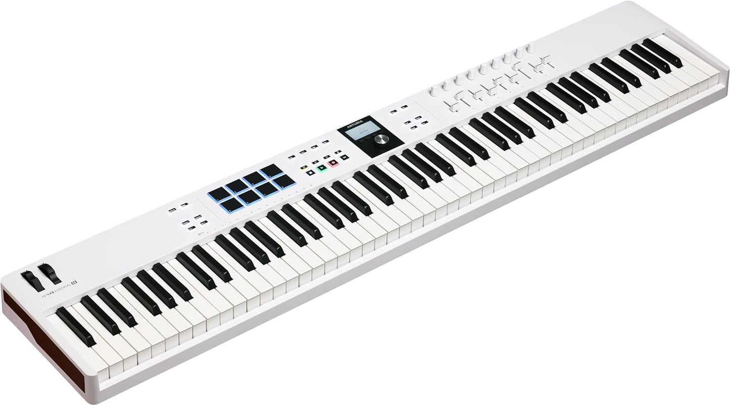 Arturia KeyLab Essential 88 mk3 with 88 Velocity-Sensitive keys, 9 Encoders, 9 Sliders, 8 RGB Pads - USB-C, Midi Out, LCD Screen, Bundled Software and DAW Integration - White