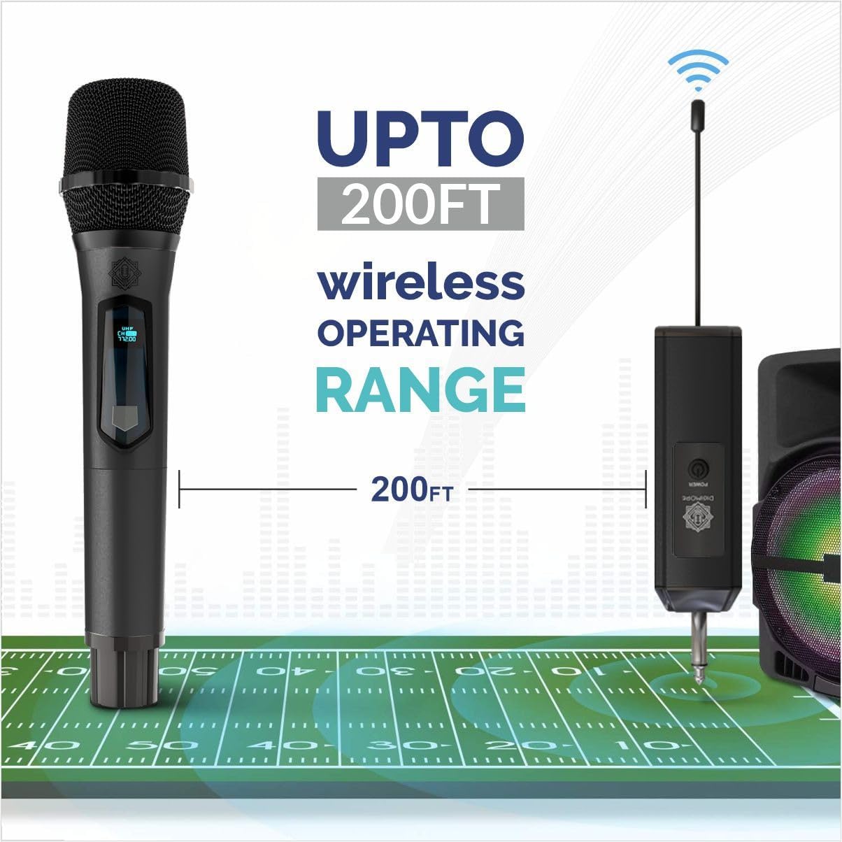 DIGIMORE Dual UHF Wireless Mic | Rechargeable 2000mAh Batteries | 6Hrs Run Time | Cordless Mic System | 6.35mm Jack | 60 Meter Range | Karaoke Singing, Speaker, Amplifier (D-350 Black)