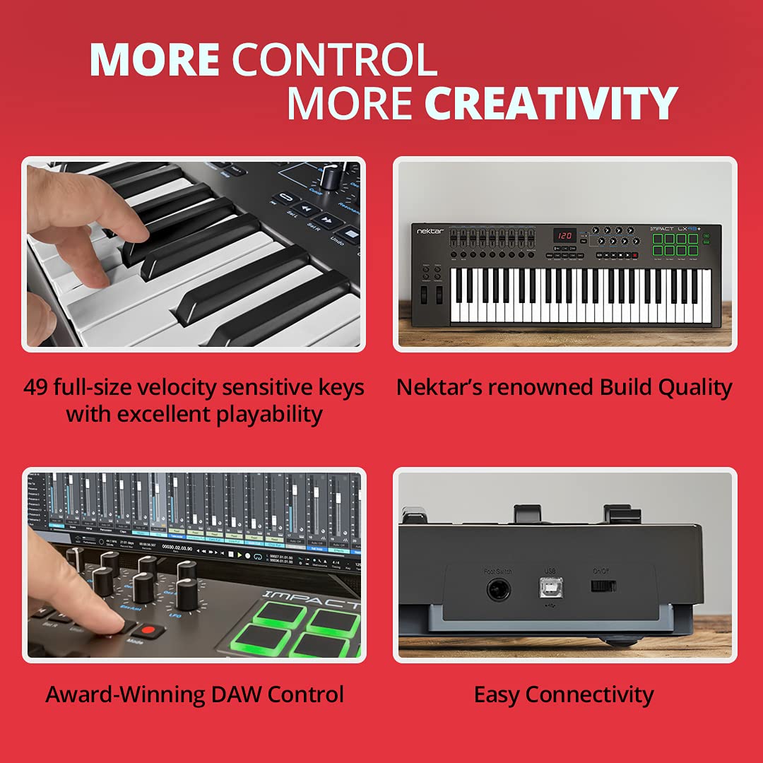 Nektar Impact LX49+ 49-Key Full-Size Velocity-Sensitive USB Midi keyboard Controller with 8 Velocity-Sensitive LED Pads, Nektar Deep DAW Integration and Free Professional Recording Software Bundle