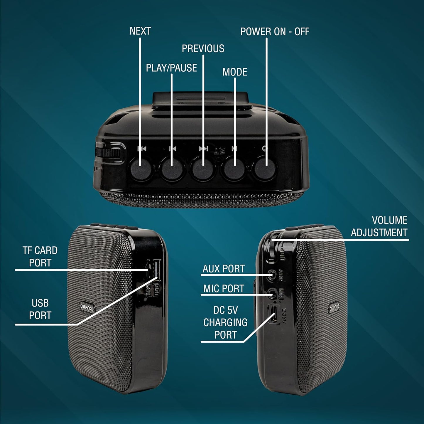 DIGIMORE D-1210 Bluetooth Voice Amplifier for Teachers | 10H Battery Life |10W Speaker with Headset Microphone for Tour Guides,Yoga,Fitness Instructors,Colleges (D-1210B)