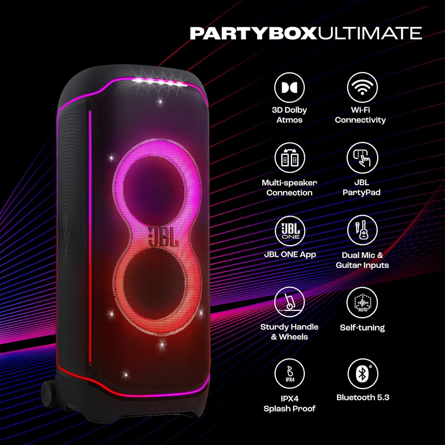 JBL Partybox Ultimate, Dynamic Lightshow, Party Pad, Wi-Fi & Bluetooth Connectivity, Dual Mic with Guitar Inputs, Pro Sound, Ipx4 Splashproof, Self Tuning, One App (Black) - Multimedia