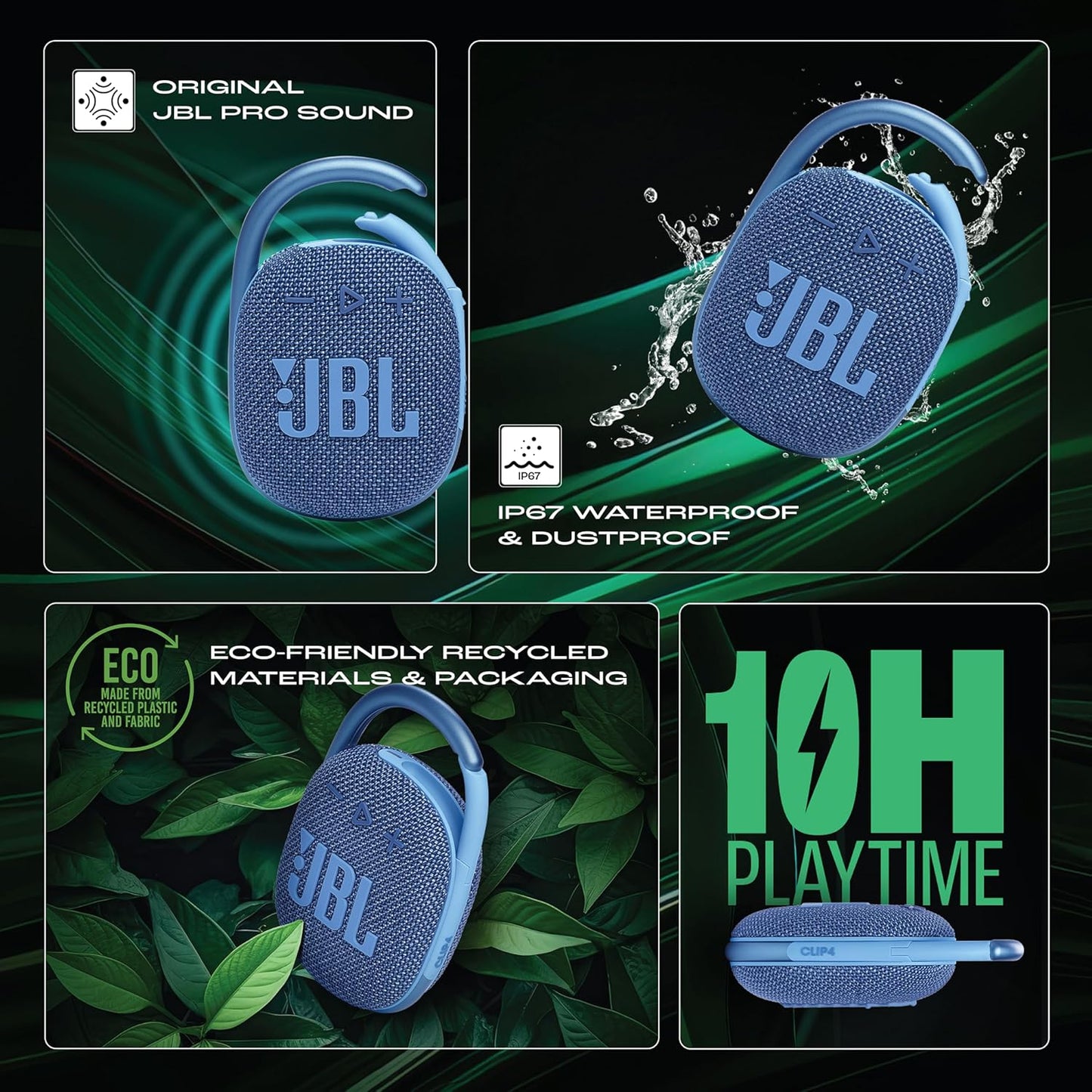 JBL Clip 4 Eco with eco-Friendly Recycled Materials & Packaging, Wireless Portable Bluetooth Speaker, Pro Sound, Integrated Carabiner, Dust & Waterproof, Type C (Without Mic, Blue)