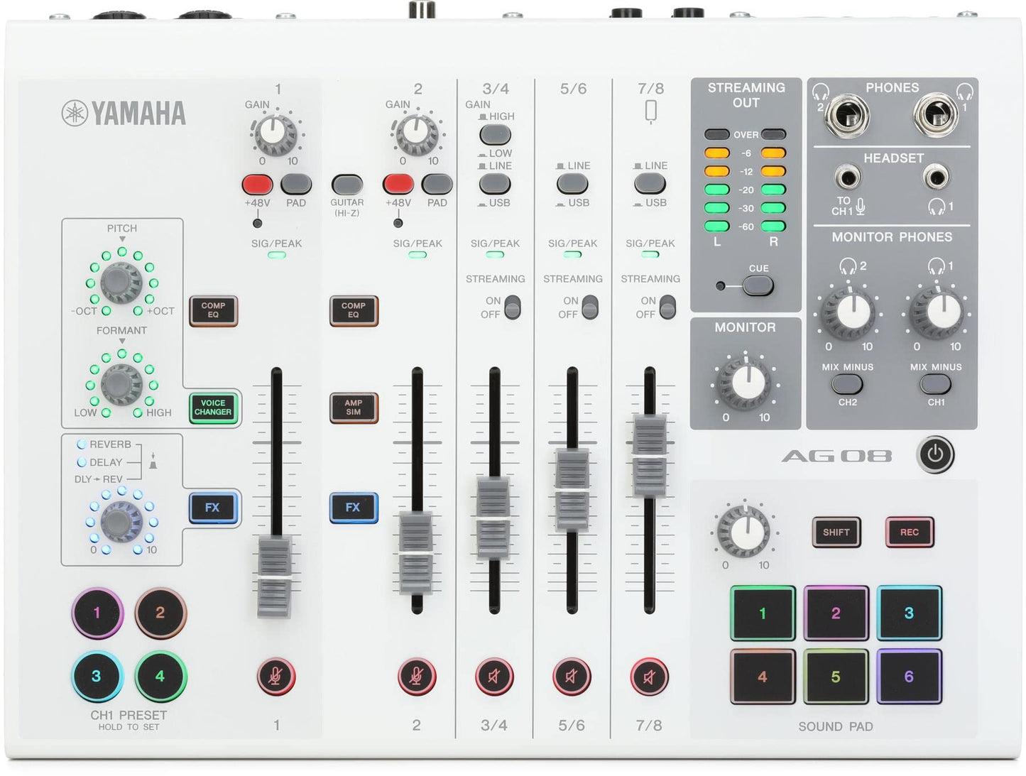 Yamaha AG08 White 8-Channel Live Streaming Loopback Mixer/USB Interface with Steinberg Software Suite