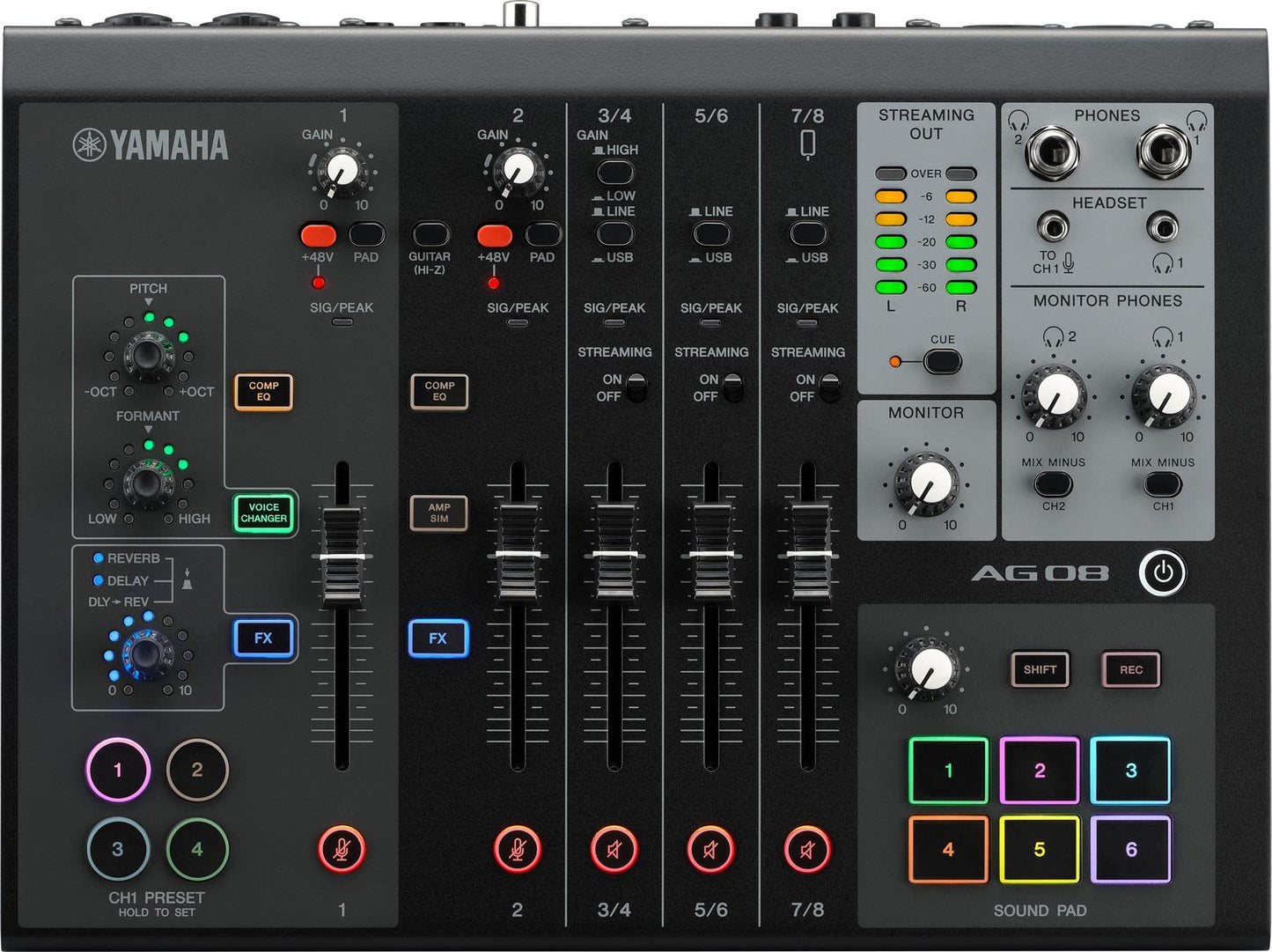 Yamaha AG08 Black 8-Channel Live Streaming Loopback Mixer/USB Interface with Steinberg Software Suite