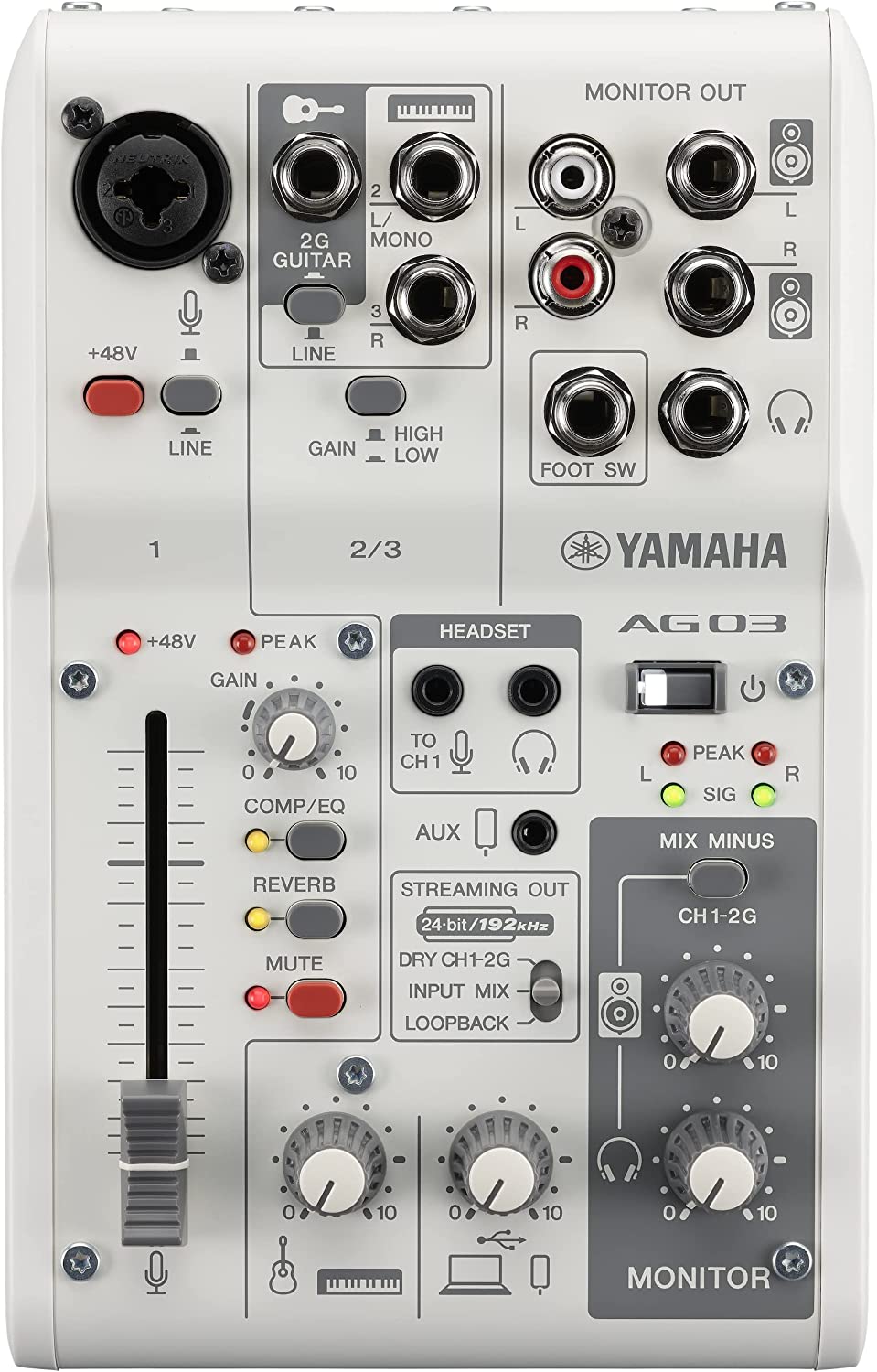 Yamaha AG03MK2 White 6-Channel Live Streaming Loopback Mixer/USB Interface  with Steinberg Software Suite AG03 MK2 White