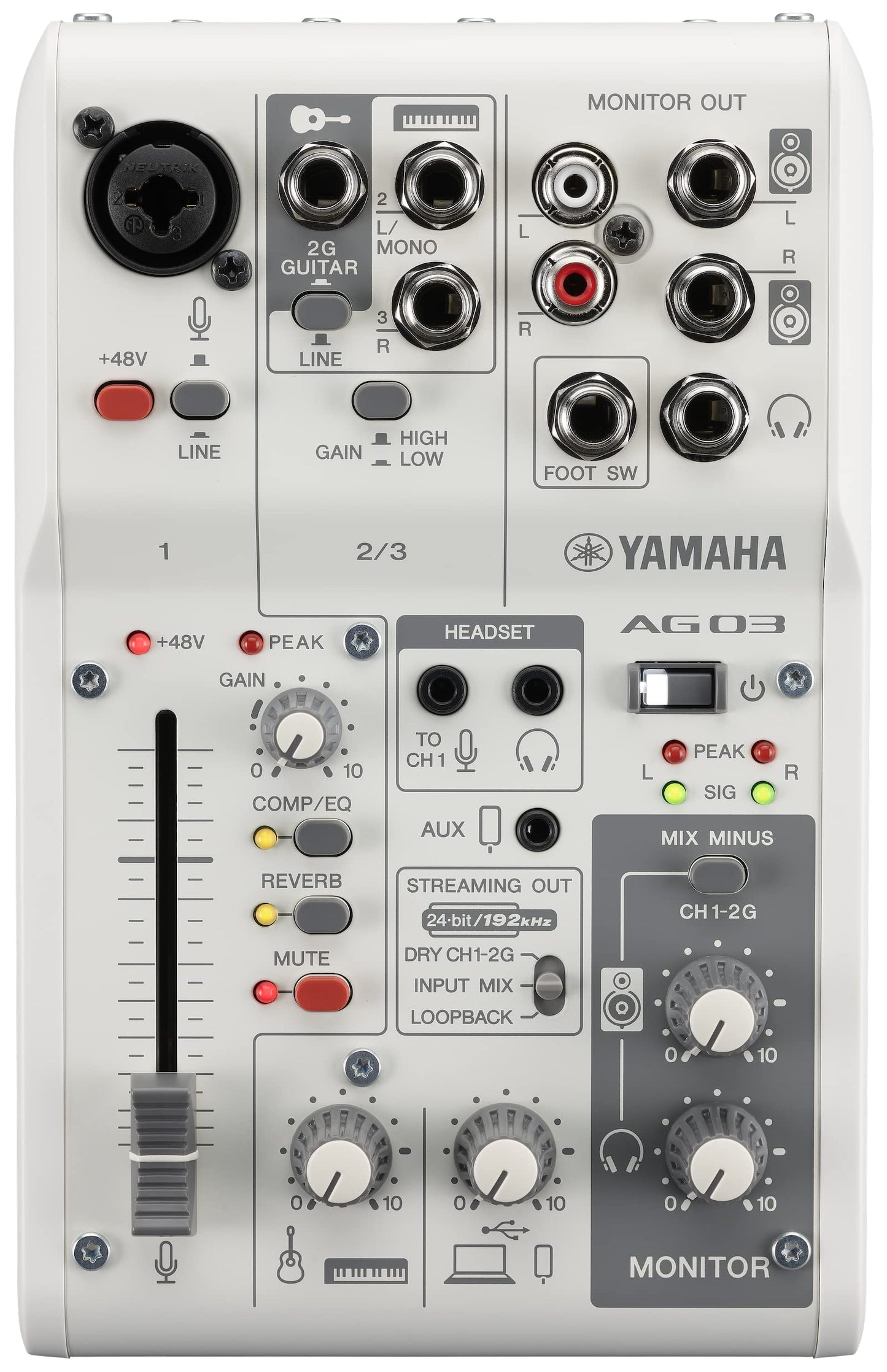 Yamaha AG03MK2 White 6-Channel Live Streaming Loopback Mixer/USB Interface with Steinberg Software Suite AG03 MK2 White