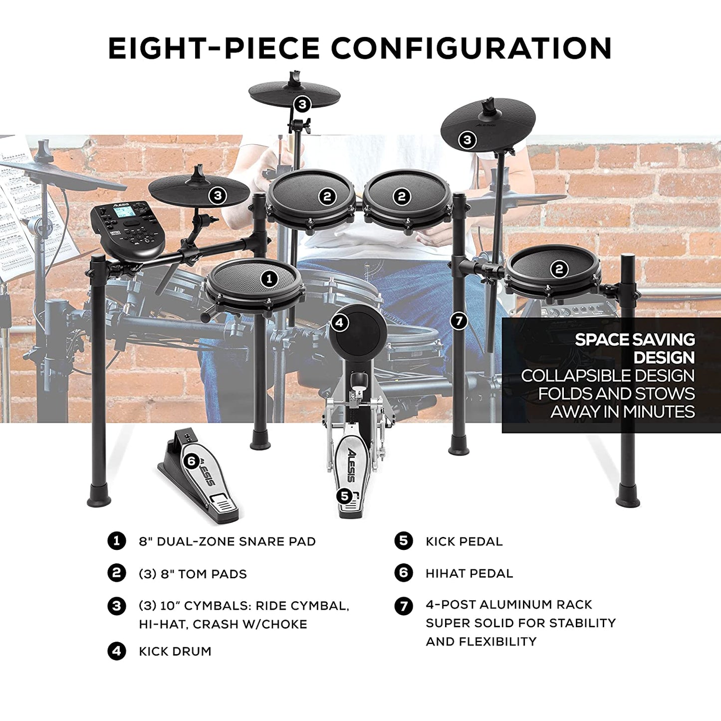 Alesis Nitro Mesh Kit | Eight Piece All-Mesh Electronic Drum Kit with Play Along Tracks, Drum Sticks & Drum Key Included